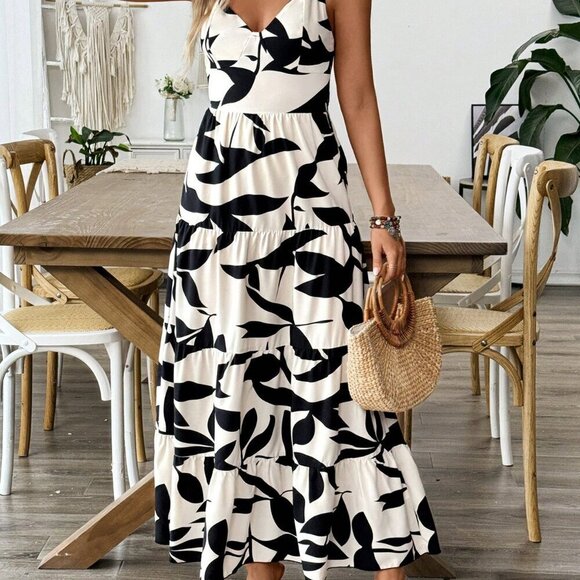 Apricot Boho Women's Printed Holiday Strap Dress With Tie - Picture 5 of 6